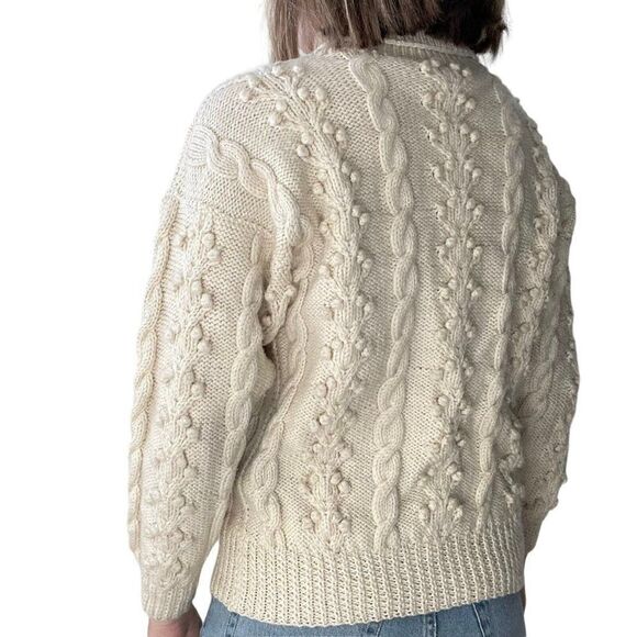 Vintage Hand Knit White Wool Chunky Fisherman Turtleneck Bobble Sweater Sz M - Picture 7 of 10
